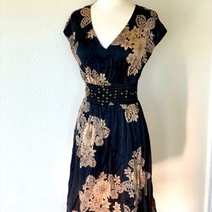 Banana Republic | Black/Gold Floral Knee Length Dress